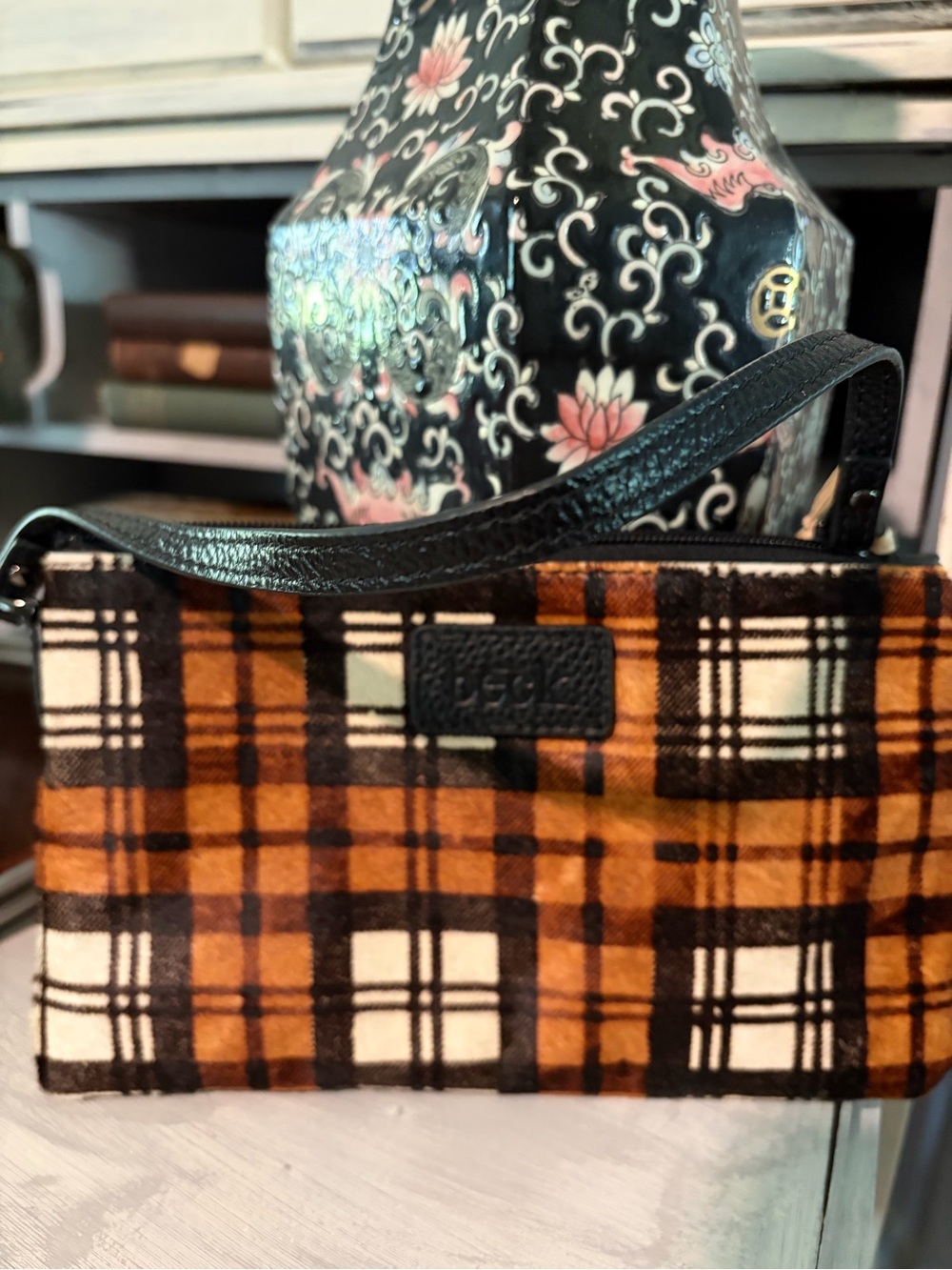 NWT Beck Plaid Hair-On-Hide Leather Wristlet Clutch Brown Black